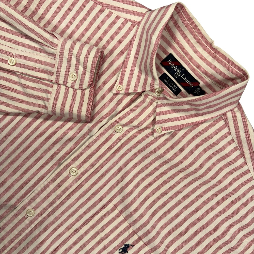 Vintage Ralph Lauren Button Down Big Shirt Mens L Pink White Striped Oxford Y2K